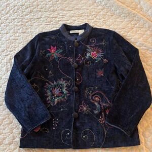 Flashback Women's Y2K Navy Blue Button-Up Embroidered Floral Jacket NWT Size M